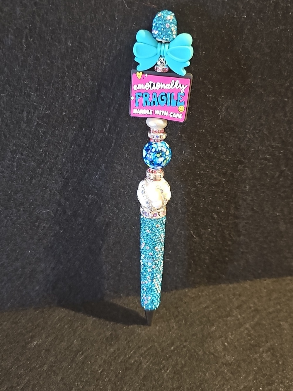 Turquoise Beaded Charm Pen - "Emotionally Fragile"